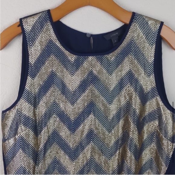 J Crew Tank Top Wool Mixed Metallic Blue Gold Gilded Chevron Shell Blouse Size 6 - Picture 6 of 11